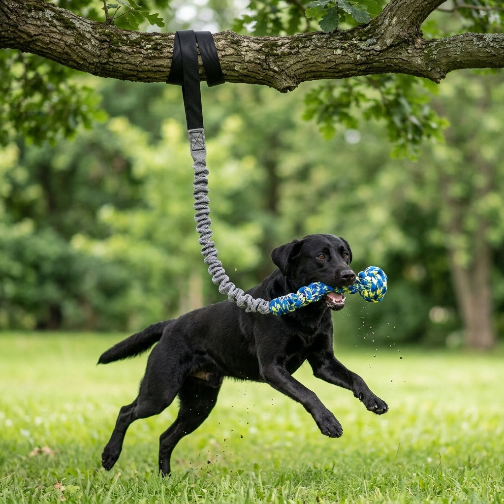 Outdoor Bungee Tug Toy, Dog Toy Hanging from Tree for Small to Large Dogs, Interactive Exercise Play Cord & Tether with Chew Rop