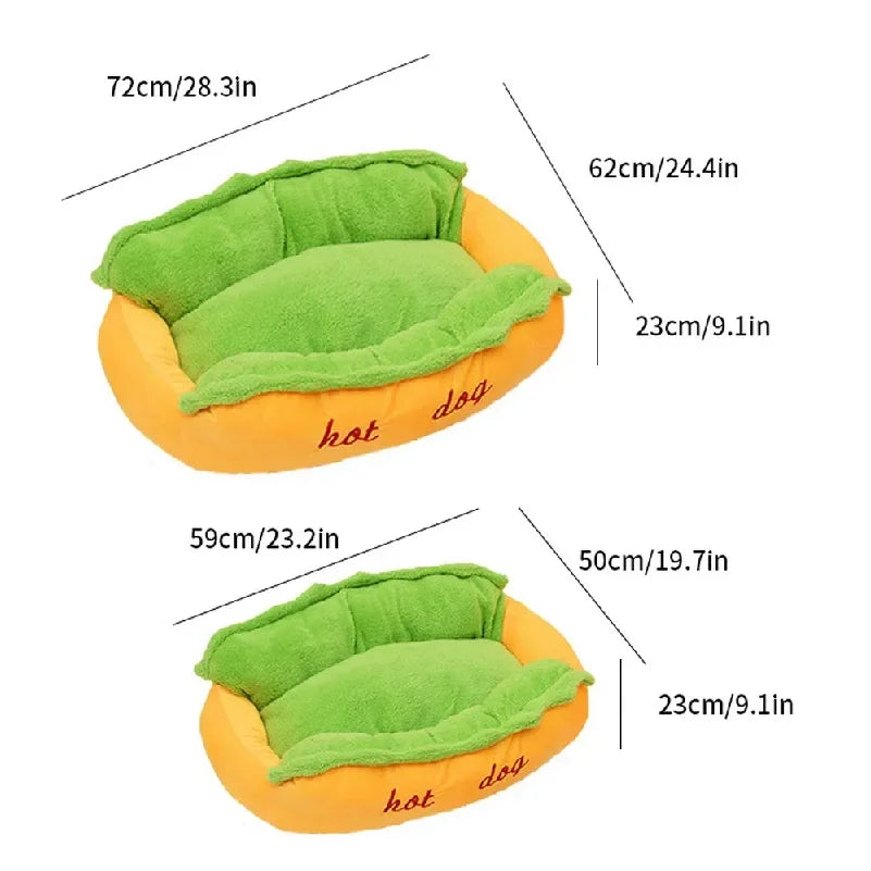 Pet Bed Hot Dog House Lounger Bed Kennel Mat Soft Fiber Pet Dog Puppy Warm Removable Washable Novelty Hot Dog Bun Shape Orange Green Cozy Plush Sleeping Mat Small Medium Dogs Cats