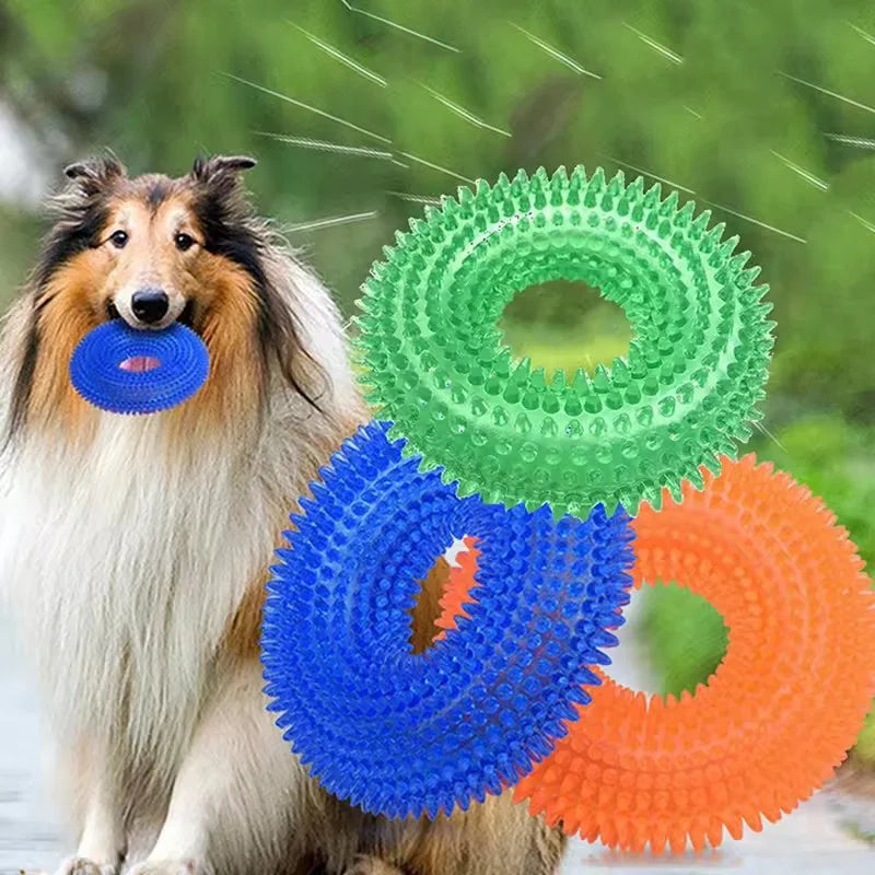 Dog Chew Toy Durable Squeaky Thorn Ring Interactive Sound Training Natural TPR Rubber Teeth Cleaning Grinding Non Toxic Puppy