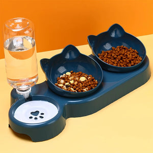 3-in-1 Tilted Cat Bowl Set with Gravity Water Feeder