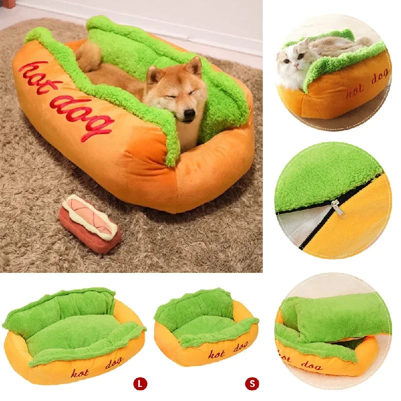 Pet Bed Hot Dog House Lounger Bed Kennel Mat Soft Fiber Pet Dog Puppy Warm Removable Washable Novelty Hot Dog Bun Shape Orange Green Cozy Plush Sleeping Mat Small Medium Dogs Cats
