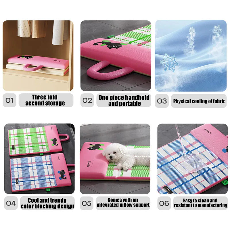 Foldable Double-Sided Cooling Pet Mat with Headrest, Waterproof Urine-Proof Portable Pet Bed Pad for Cats & Dogs Puppy Kitten, Summer Chill Cooling Mat, Easy Clean Travel & Home Pet Bed