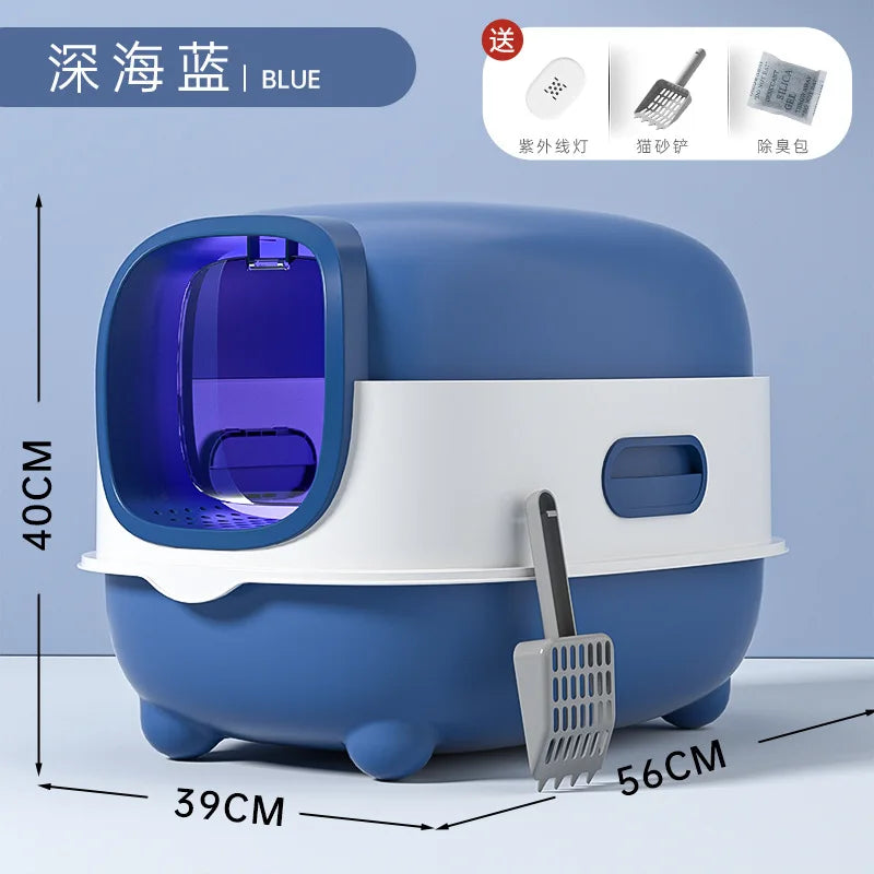 Cat Litter Box Fully Enclosed Large Cat Toilet Odor Control Disinfection Cat Litter Drawer Oversized Hooded Litter Pan Anti-Splash Easy Clean Pet Toilet Box Kitten Litter Tray
