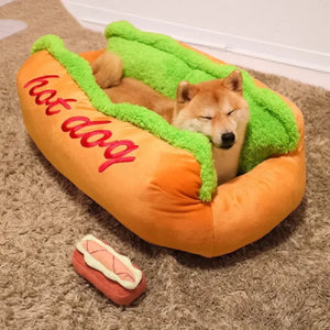 Pet Bed Hot Dog House Lounger Bed Kennel Mat Soft Fiber Pet Dog Puppy Warm Removable Washable Novelty Hot Dog Bun Shape Orange Green Cozy Plush Sleeping Mat Small Medium Dogs Cats