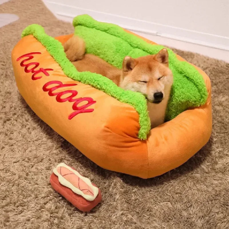 Pet Bed Hot Dog House Lounger Bed Kennel Mat Soft Fiber Pet Dog Puppy Warm Removable Washable Novelty Hot Dog Bun Shape Orange Green Cozy Plush Sleeping Mat Small Medium Dogs Cats