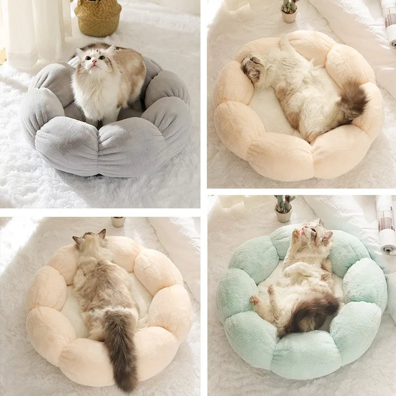 All - Season Plush Cat Bed with Neck Guard, Flower - Shaped Round Pet Bed for Cats & Small Dogs Cat Beds Pets