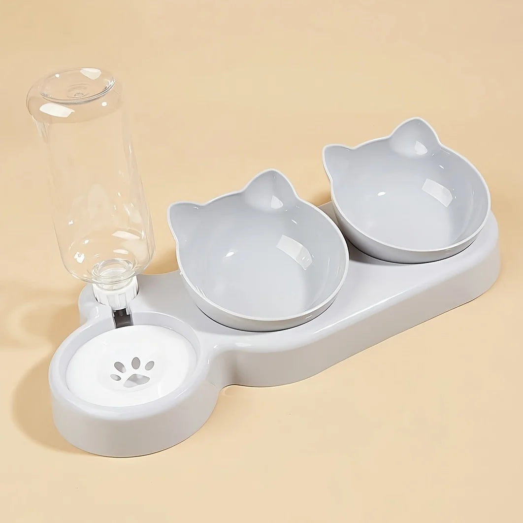 3-in-1 Tilted Cat Bowl Set with Gravity Water Feeder
