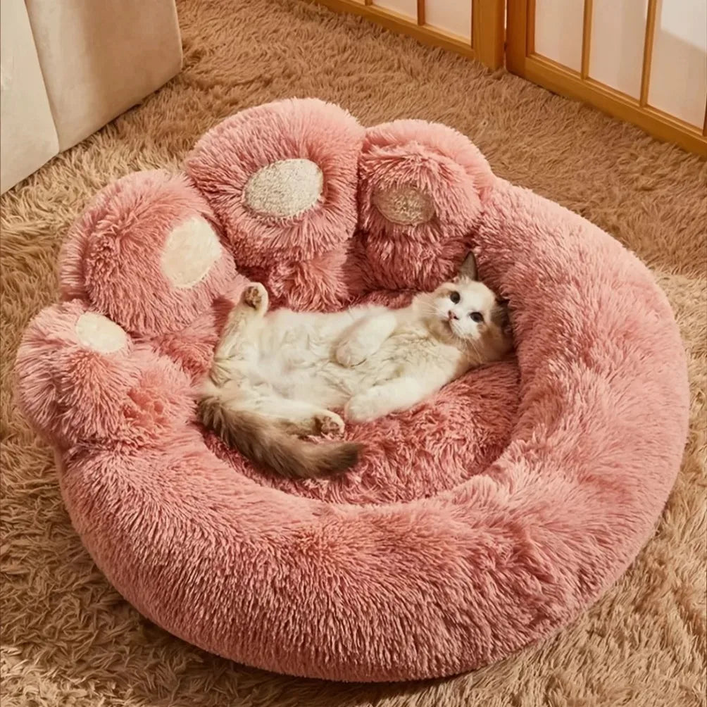 Fluffy Dog Bed Cat Bed Bear Paw Shape Pet Bed Round Plush Warm Soft Faux Fur Washable Dog Sofa Bed Cute Puppy Kitten Kennel Mat Basket Small Medium Dogs Cats Pet Supplies