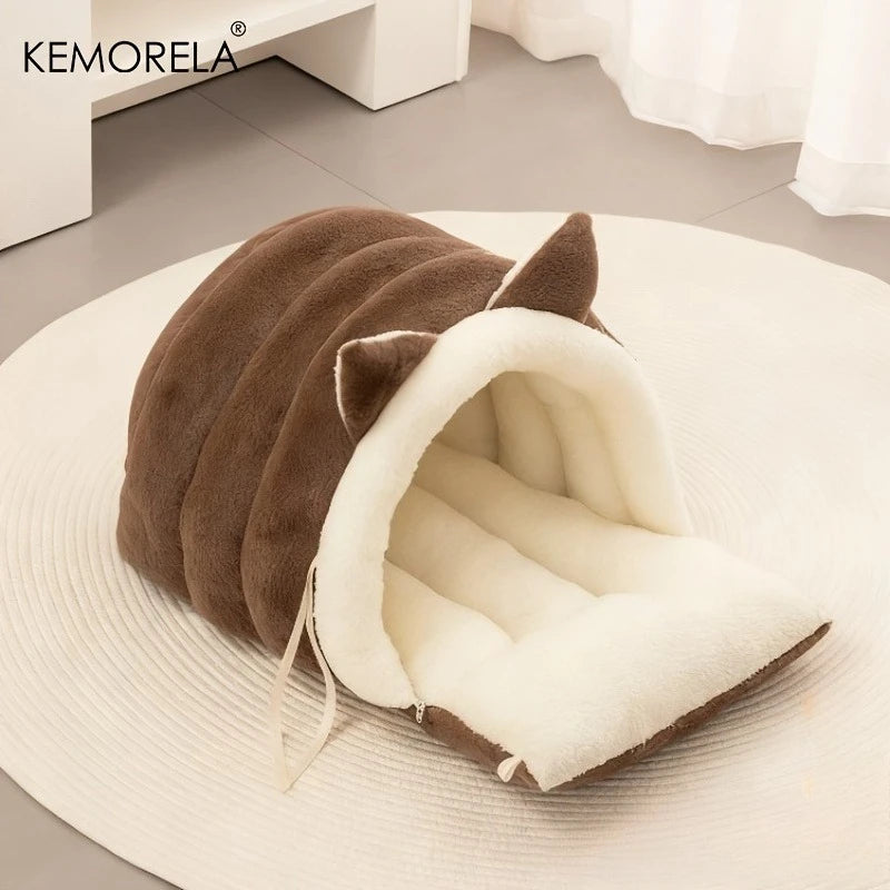 Cat Ear Cat Bed Semi Enclosed Winter Pet Nest Warm Cozy Cat Cave Sleeping Bag Non Slip Bottom Windproof Removable Washable Cover Soft Plush Kitten Small Dog House Igloo Bed