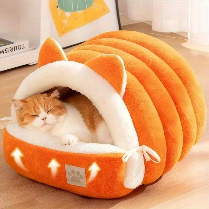 Cat Ear Cat Bed Semi Enclosed Winter Pet Nest Warm Cozy Cat Cave Sleeping Bag Non Slip Bottom Windproof Removable Washable Cover Soft Plush Kitten Small Dog House Igloo Bed