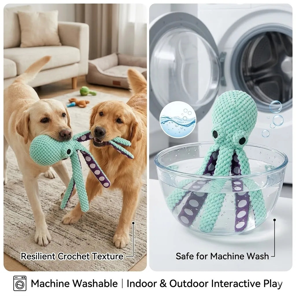 Squeaky Octopus Dog Toy, Pineapple Plush Chew Toy with Squeaker&CrinkleTentacles,InteractiveDentalPuppyToy for Small Medium Dogs