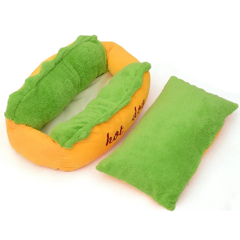 Pet Bed Hot Dog House Lounger Bed Kennel Mat Soft Fiber Pet Dog Puppy Warm Removable Washable Novelty Hot Dog Bun Shape Orange Green Cozy Plush Sleeping Mat Small Medium Dogs Cats