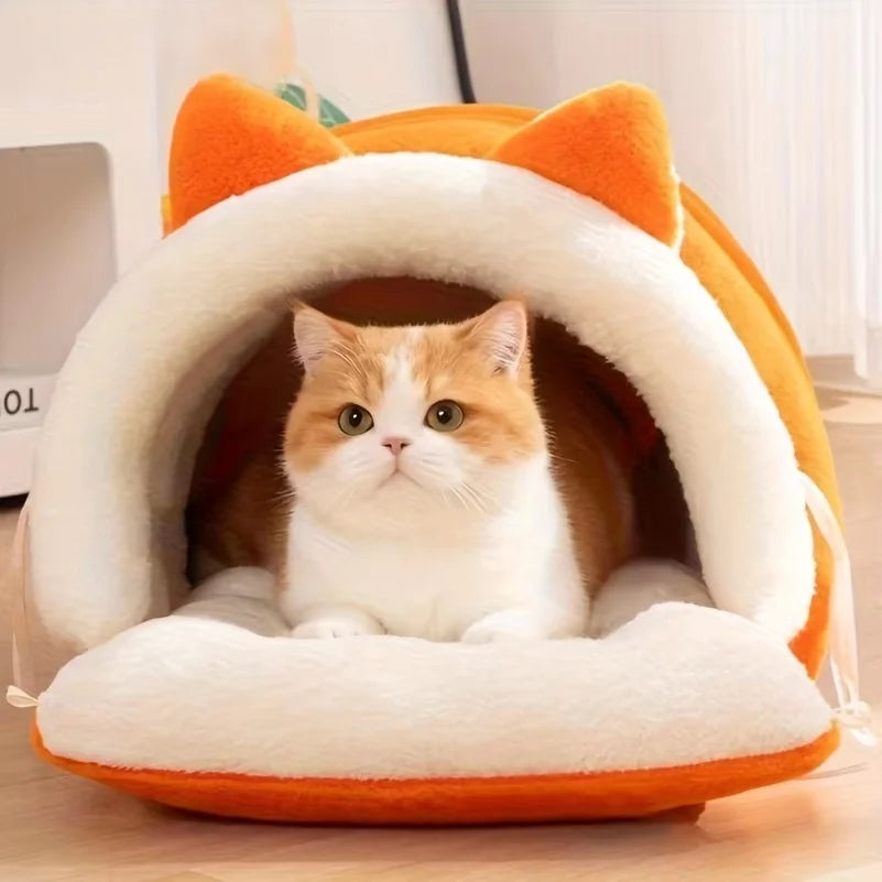 Cat Ear Cat Bed Semi Enclosed Winter Pet Nest Warm Cozy Cat Cave Sleeping Bag Non Slip Bottom Windproof Removable Washable Cover Soft Plush Kitten Small Dog House Igloo Bed