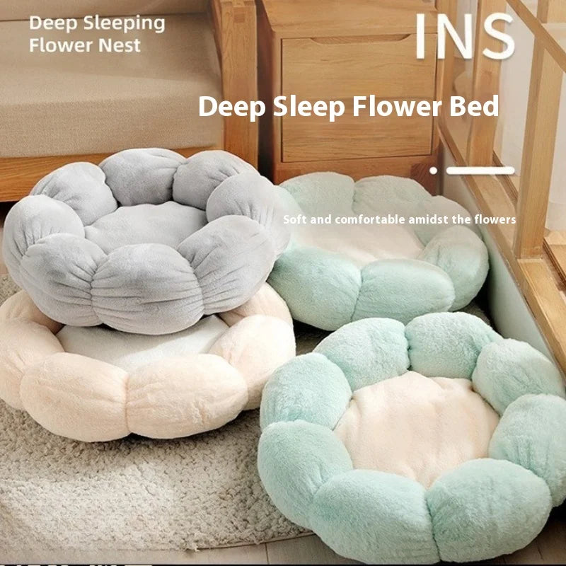 All - Season Plush Cat Bed with Neck Guard, Flower - Shaped Round Pet Bed for Cats & Small Dogs Cat Beds Pets