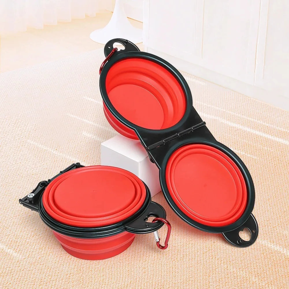 2 in 1 Collapsible Dog Travel Bowl Double Bowls Folding Food Water Bowl Portable Hangable Dog Feeder for Outdoor Dog Product