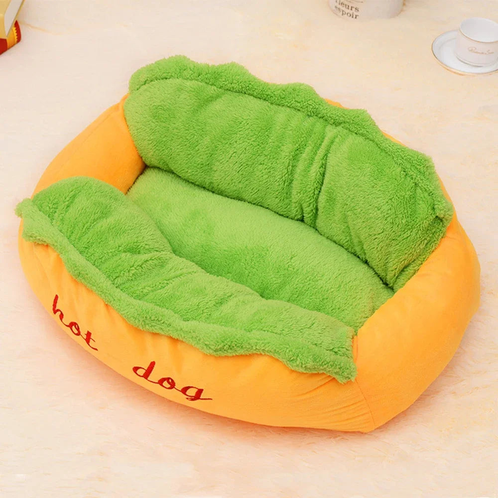 Pet Bed Hot Dog House Lounger Bed Kennel Mat Soft Fiber Pet Dog Puppy Warm Removable Washable Novelty Hot Dog Bun Shape Orange Green Cozy Plush Sleeping Mat Small Medium Dogs Cats