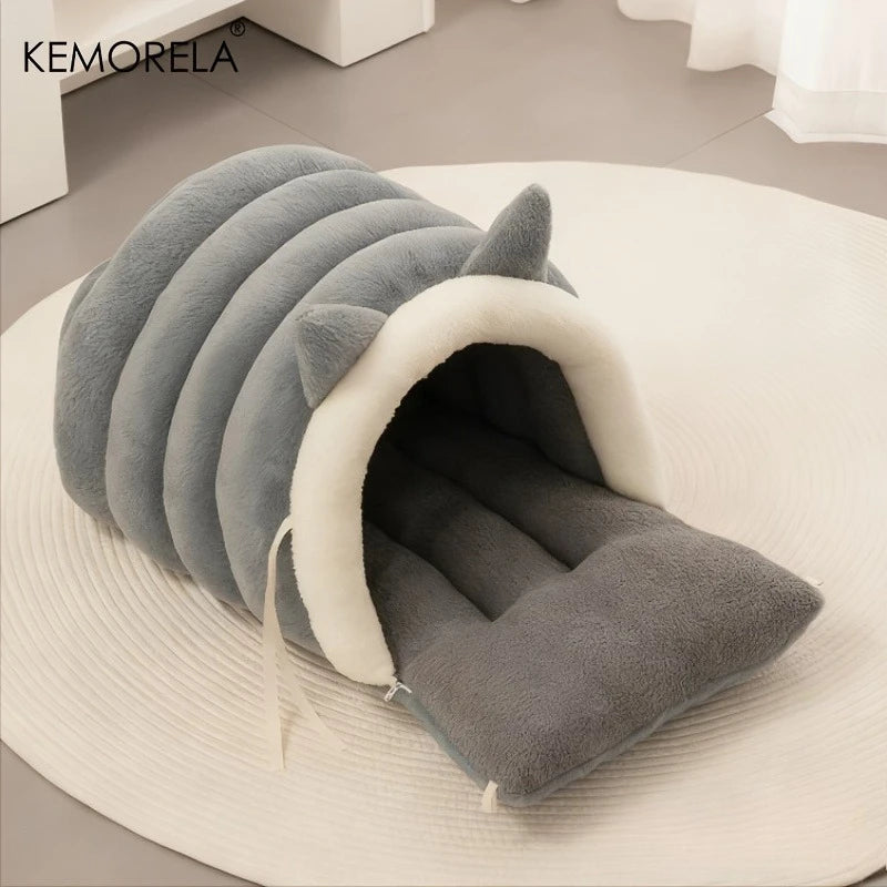 Cat Ear Cat Bed Semi Enclosed Winter Pet Nest Warm Cozy Cat Cave Sleeping Bag Non Slip Bottom Windproof Removable Washable Cover Soft Plush Kitten Small Dog House Igloo Bed