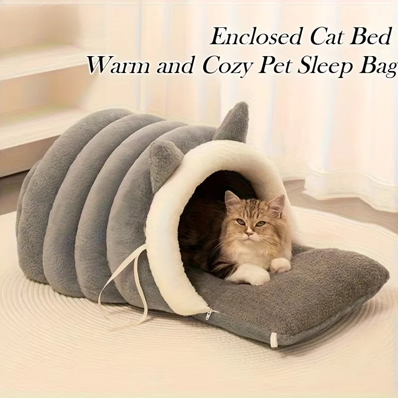 Cat Ear Cat Bed Semi Enclosed Winter Pet Nest Warm Cozy Cat Cave Sleeping Bag Non Slip Bottom Windproof Removable Washable Cover Soft Plush Kitten Small Dog House Igloo Bed