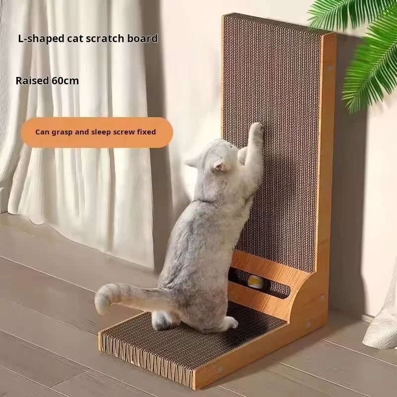 L Shape Cat Scratcher Corrugated Cardboard Wear-Resistant Bell Hole Freestanding Furniture Protector For Indoor Cats Kitten