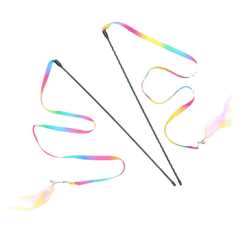 Simulation Feather Interactive Cat Toy Satin Ribbon Bell Cat Stick Toys Kitten Playing Teaser Wand Toy Cat Supplies Accessories