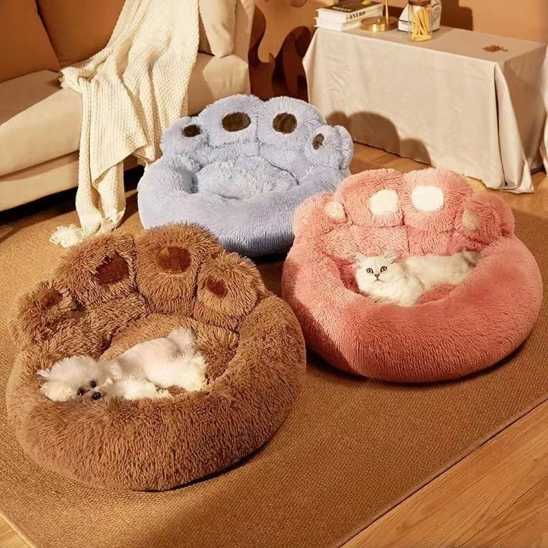 Fluffy Dog Bed Cat Bed Bear Paw Shape Pet Bed Round Plush Warm Soft Faux Fur Washable Dog Sofa Bed Cute Puppy Kitten Kennel Mat Basket Small Medium Dogs Cats Pet Supplies