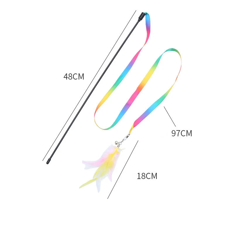 Simulation Feather Interactive Cat Toy Satin Ribbon Bell Cat Stick Toys Kitten Playing Teaser Wand Toy Cat Supplies Accessories