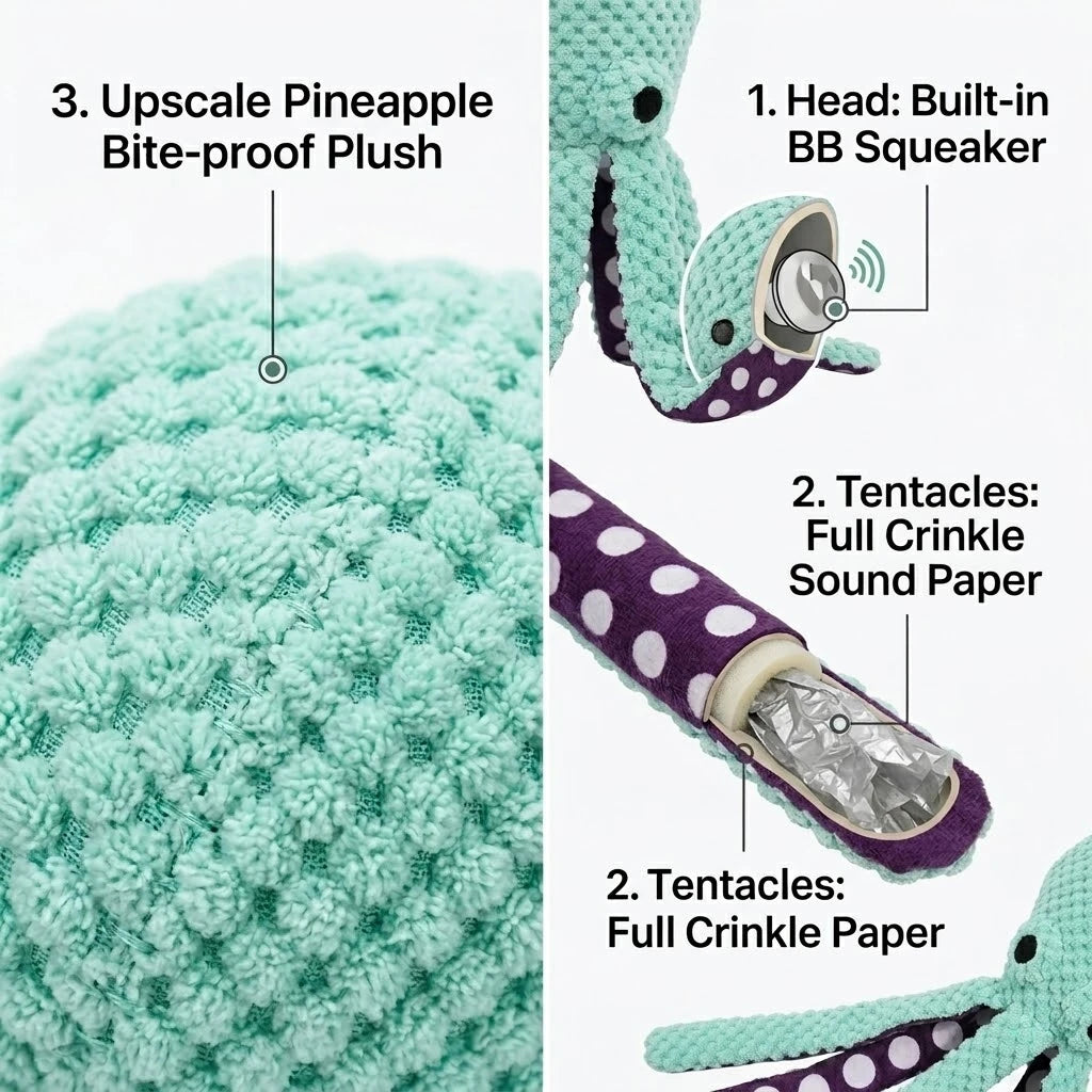 Squeaky Octopus Dog Toy, Pineapple Plush Chew Toy with Squeaker&CrinkleTentacles,InteractiveDentalPuppyToy for Small Medium Dogs