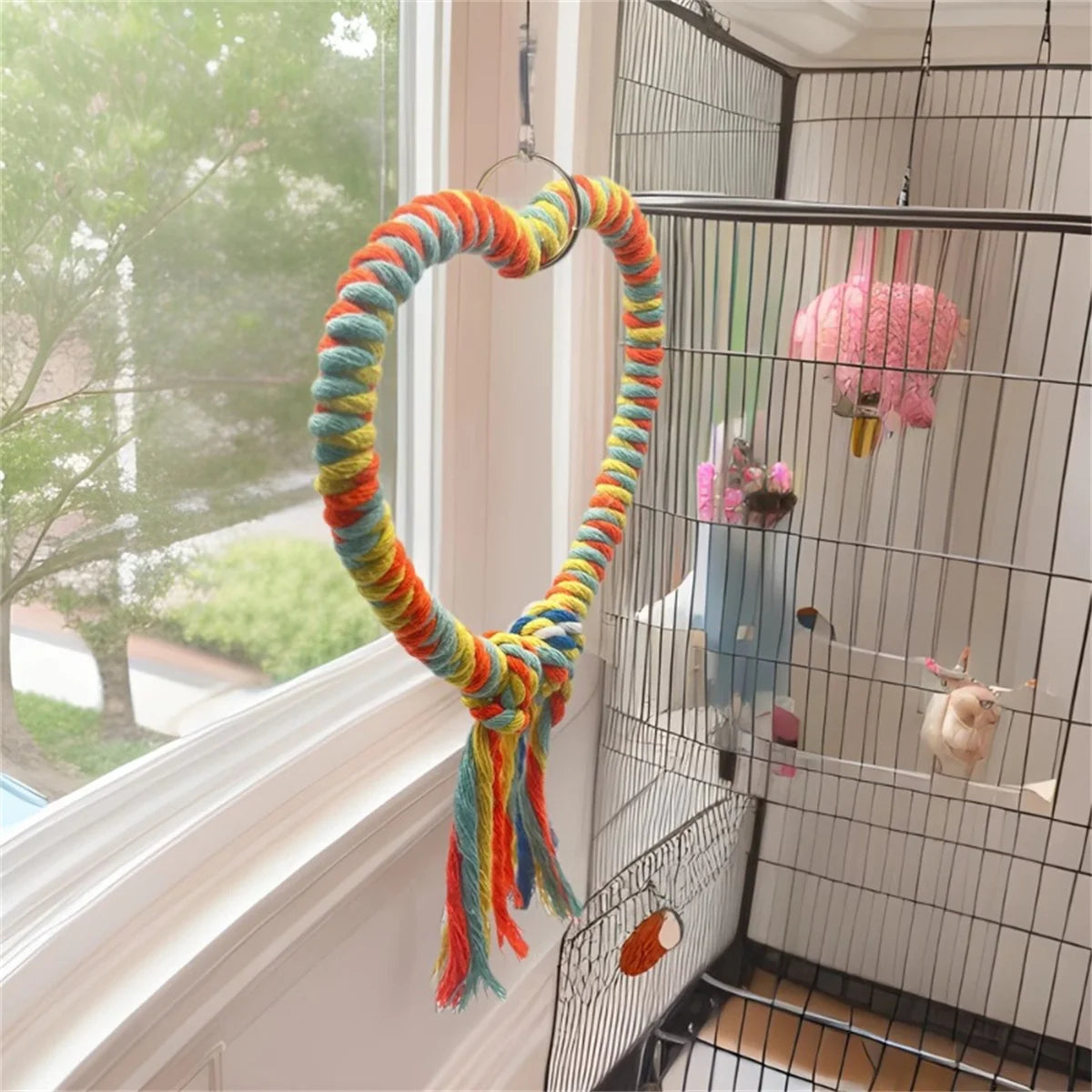 Heart-Shaped Cotton Rope Bird Swing & Perch Toy