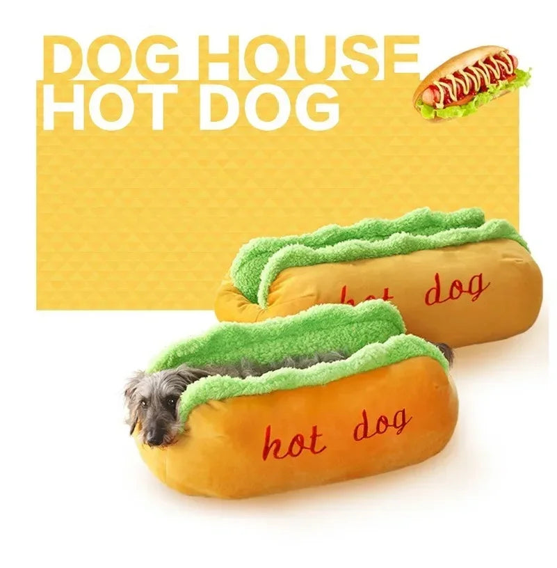 Pet Bed Hot Dog House Lounger Bed Kennel Mat Soft Fiber Pet Dog Puppy Warm Removable Washable Novelty Hot Dog Bun Shape Orange Green Cozy Plush Sleeping Mat Small Medium Dogs Cats