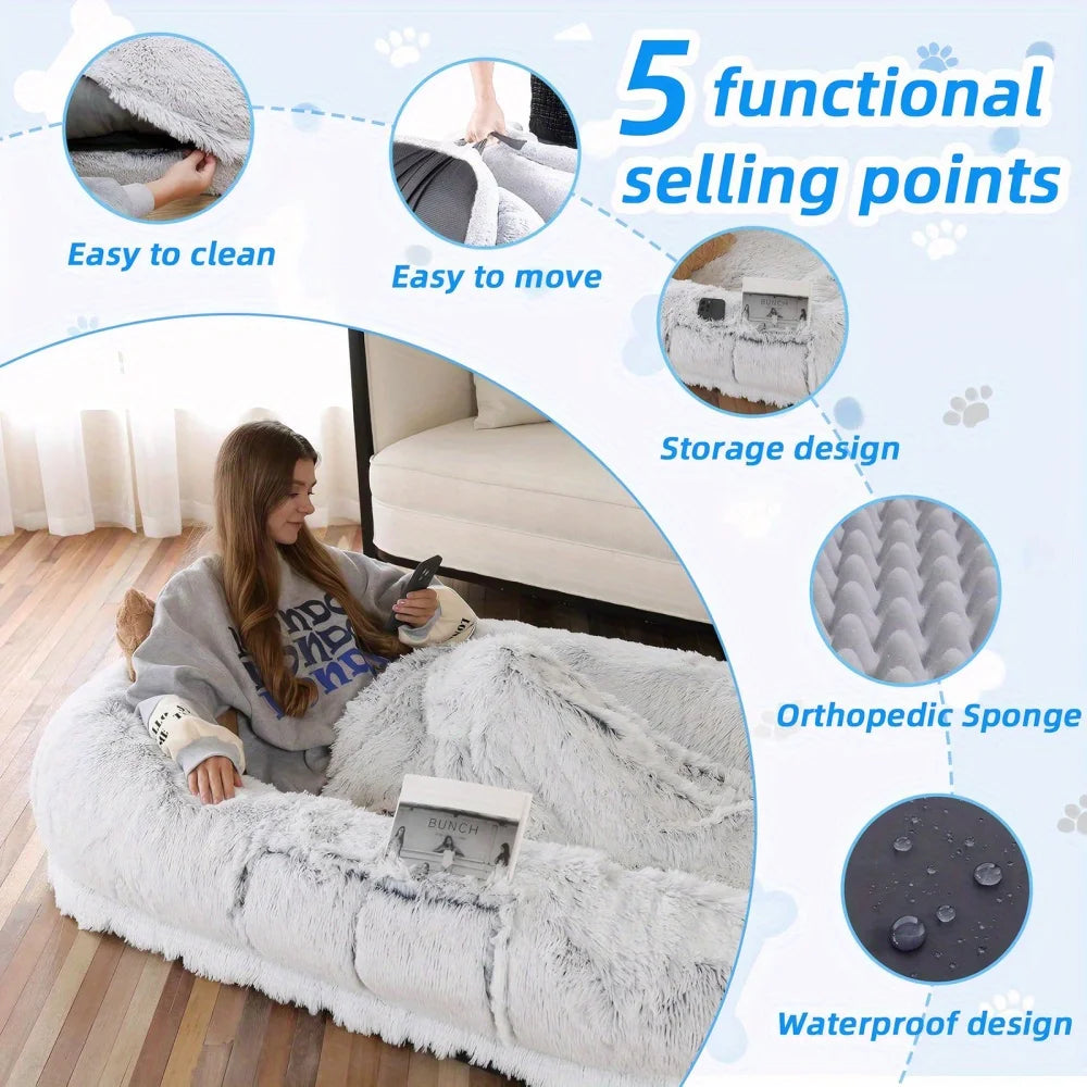 Human Dog Bed, Washable Faux Fur Dog Bed for People Doze Off, Napping Orthopedic Dog Bed, 71''x45''x14'' Size Fits You and Pets