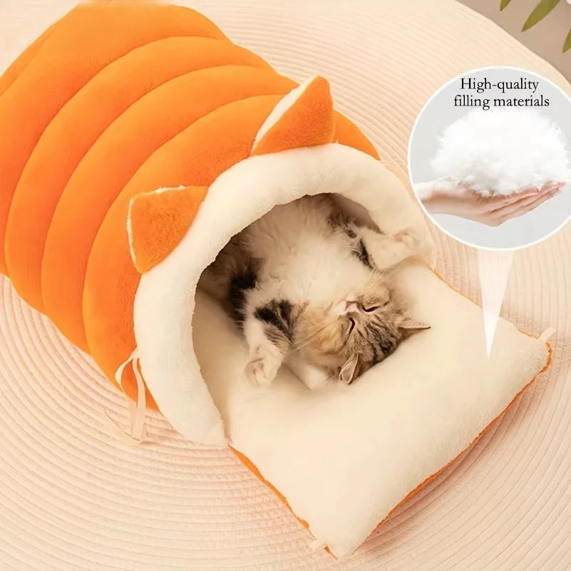 Cat Ear Cat Bed Semi Enclosed Winter Pet Nest Warm Cozy Cat Cave Sleeping Bag Non Slip Bottom Windproof Removable Washable Cover Soft Plush Kitten Small Dog House Igloo Bed