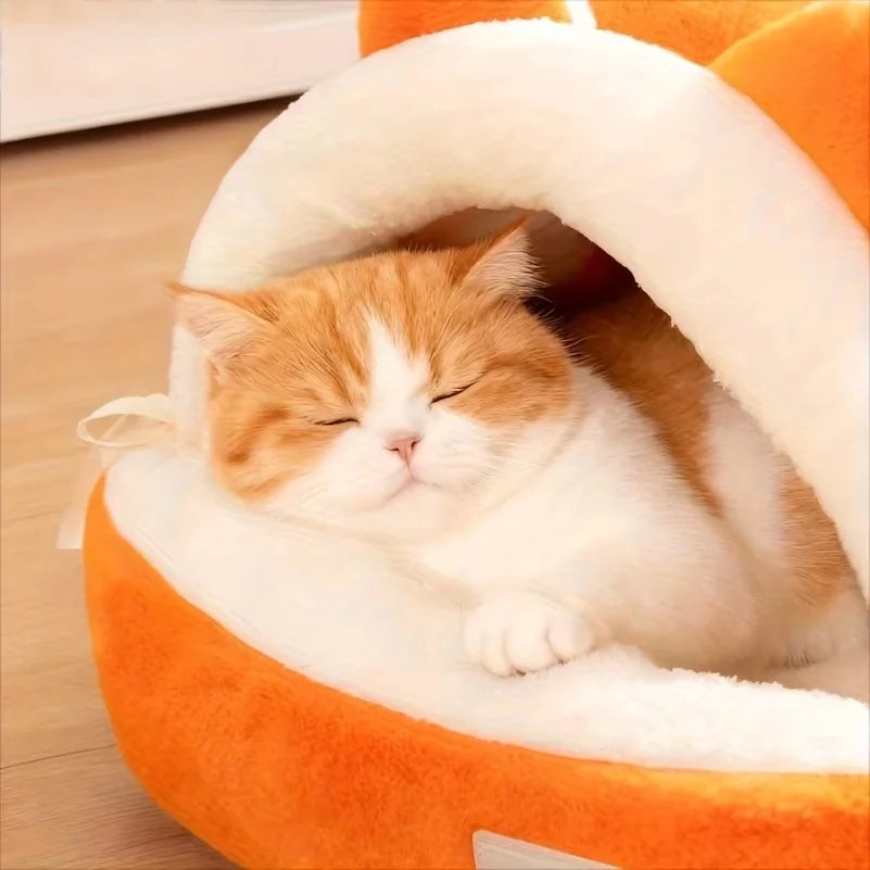 Cat Ear Cat Bed Semi Enclosed Winter Pet Nest Warm Cozy Cat Cave Sleeping Bag Non Slip Bottom Windproof Removable Washable Cover Soft Plush Kitten Small Dog House Igloo Bed