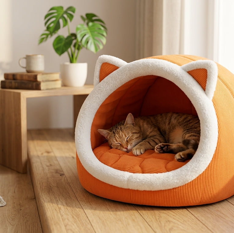 Cozy semi-enclosed cat ear cat bed with a cat resting inside in a warm home setting