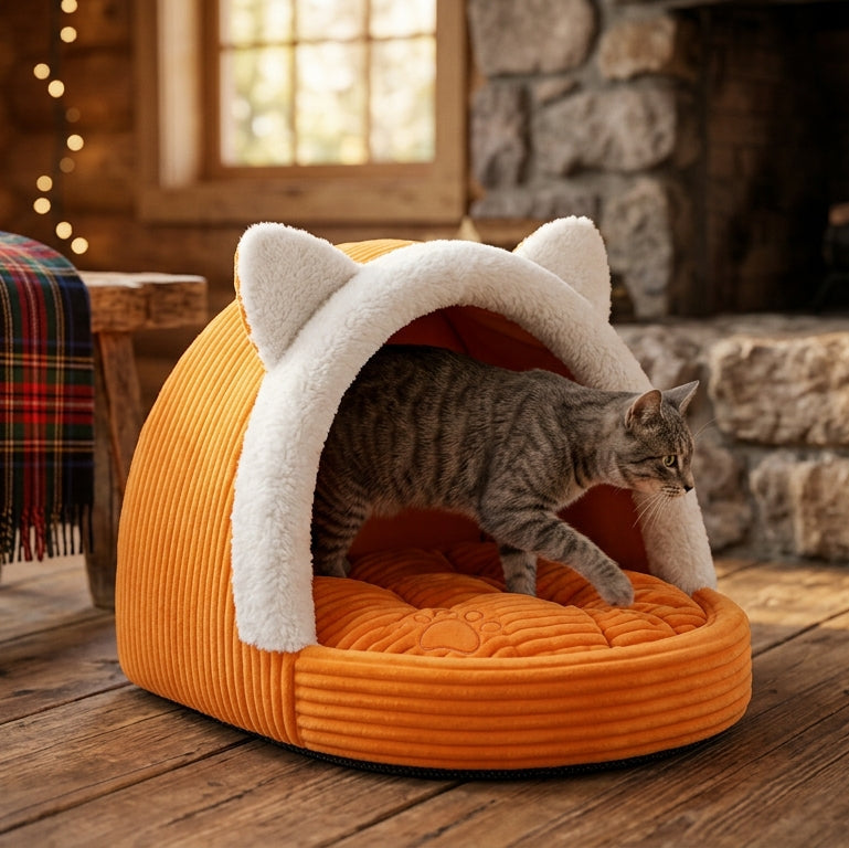 Cat ear cat bed set in a rustic cabin interior with warm, cozy lighting