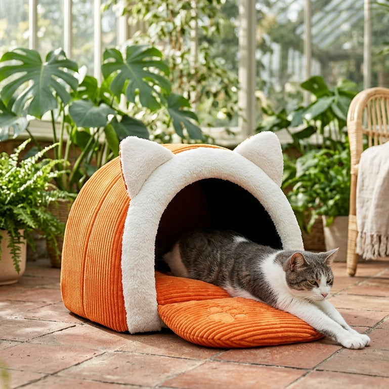 Cat ear cat bed placed in a bright sunroom with natural light
