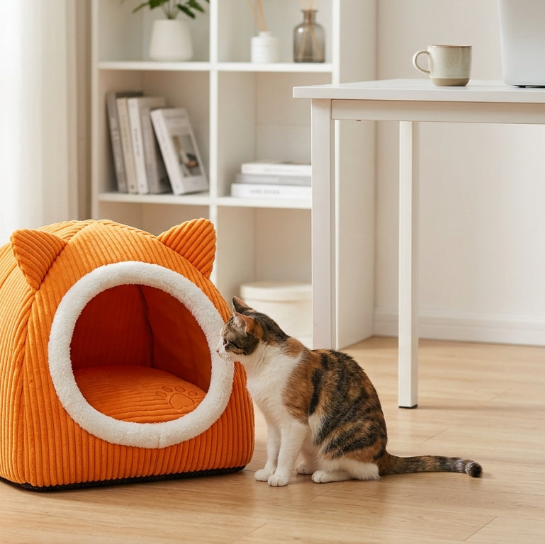 Cat ear cat bed in a home office corner, a comfortable spot for a pet while you work
