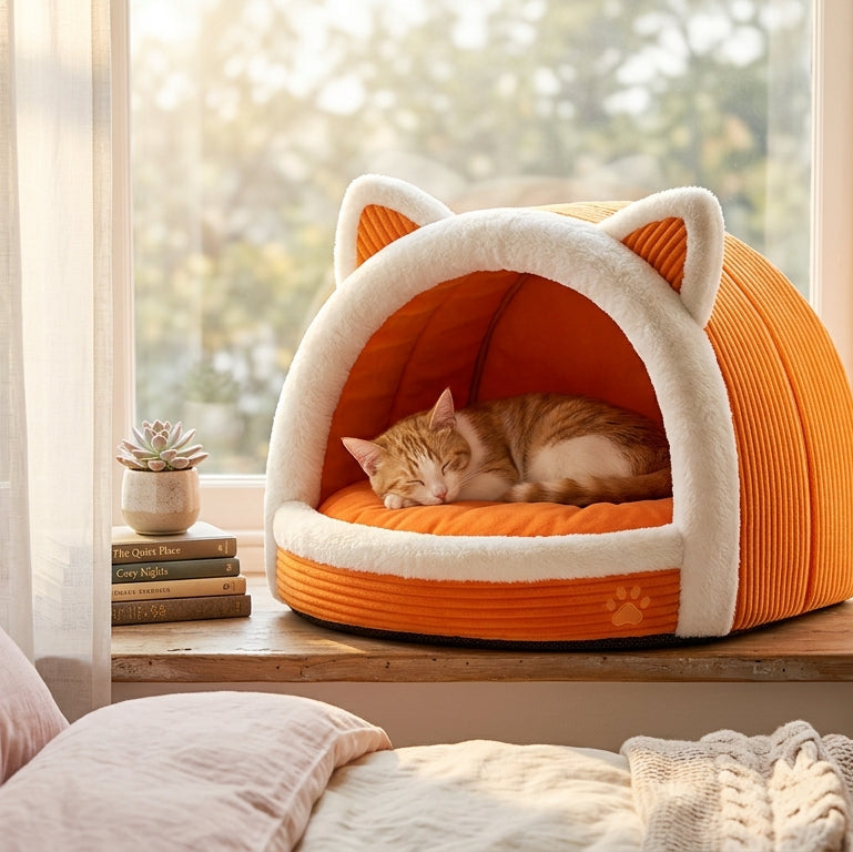 Cat ear cat bed in a cozy bedroom setting, soft and plush for a good night's sleep