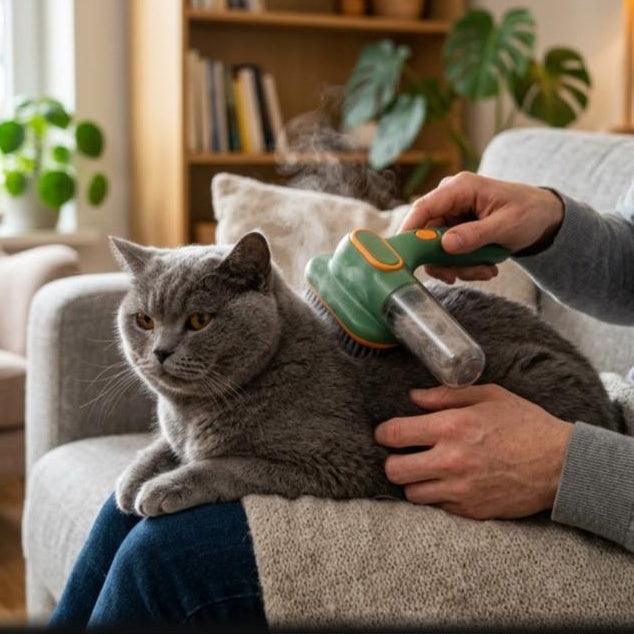 Person using steam grooming brush on grey British Shorthair cat
