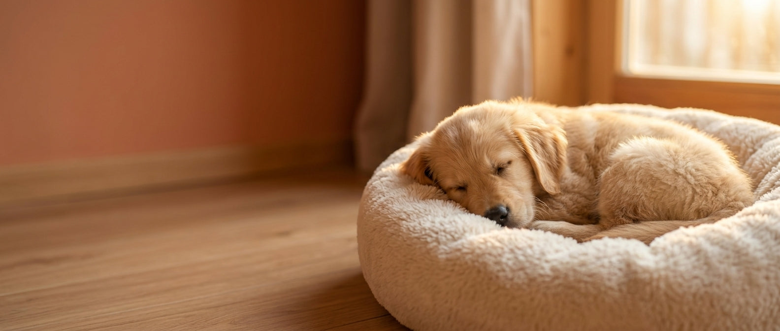 Golden retriever puppy asleep in a plush pet bed, golden hour lighting