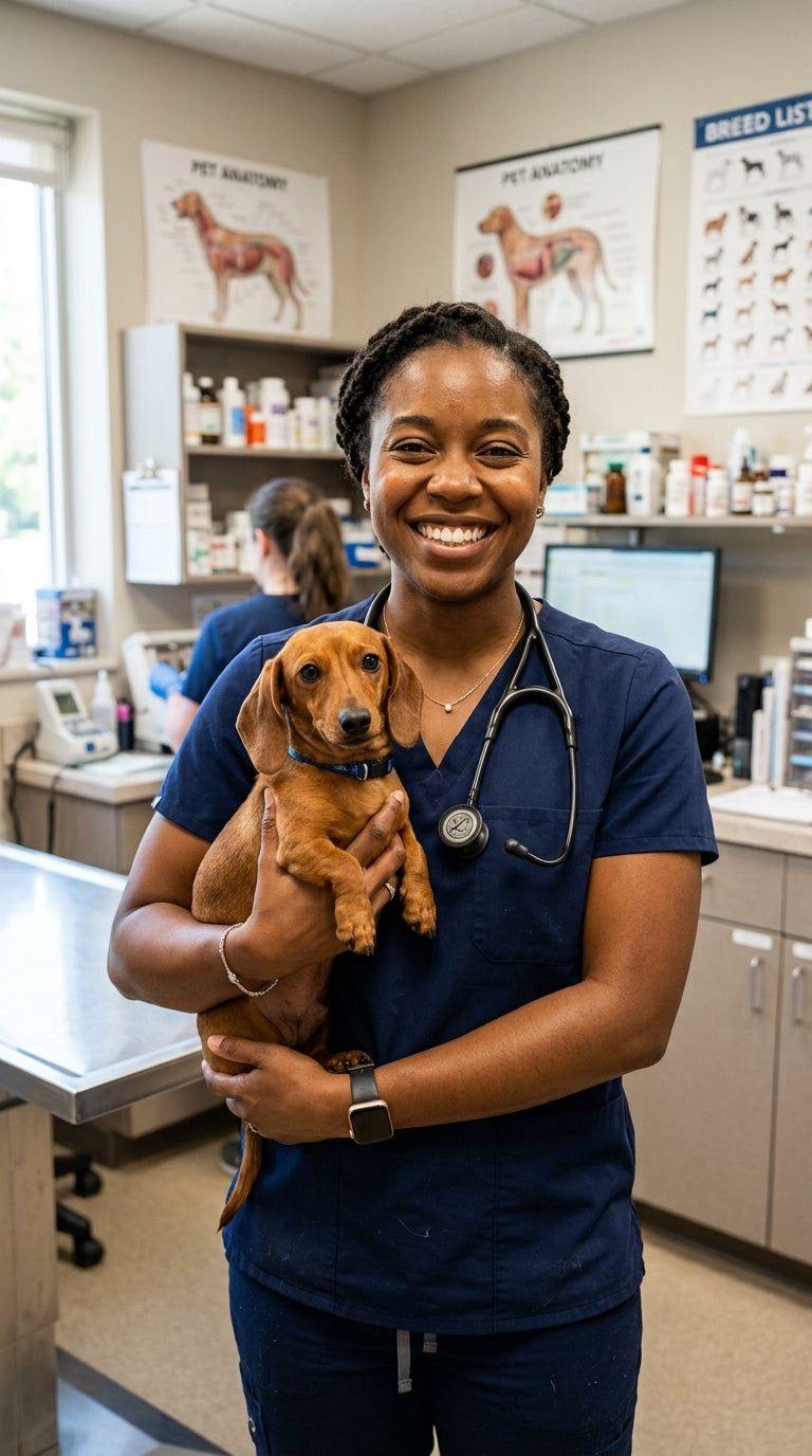 Vet tech smiling while holding a puppy in a veterinary clinic