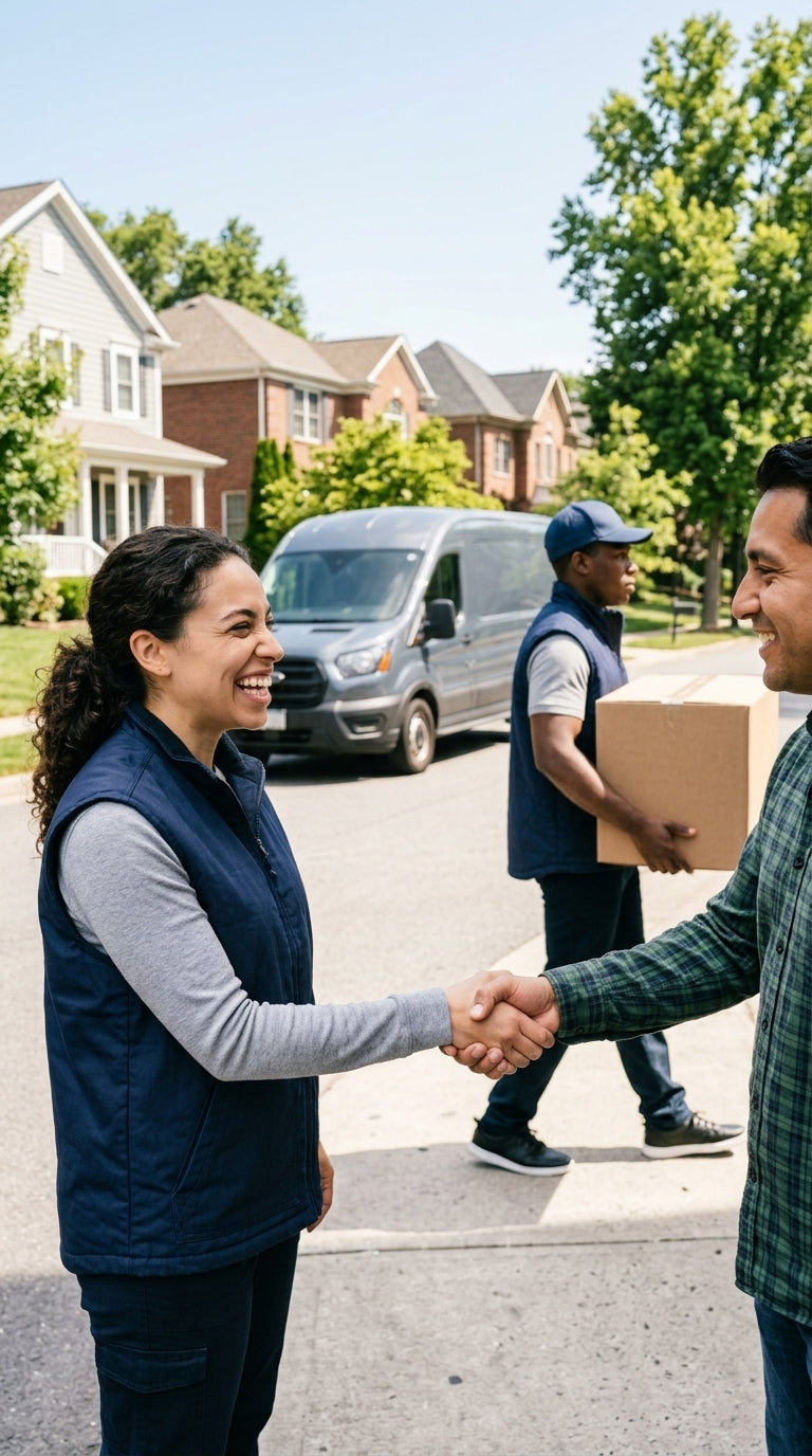 Delivery handshake at a front door with a package