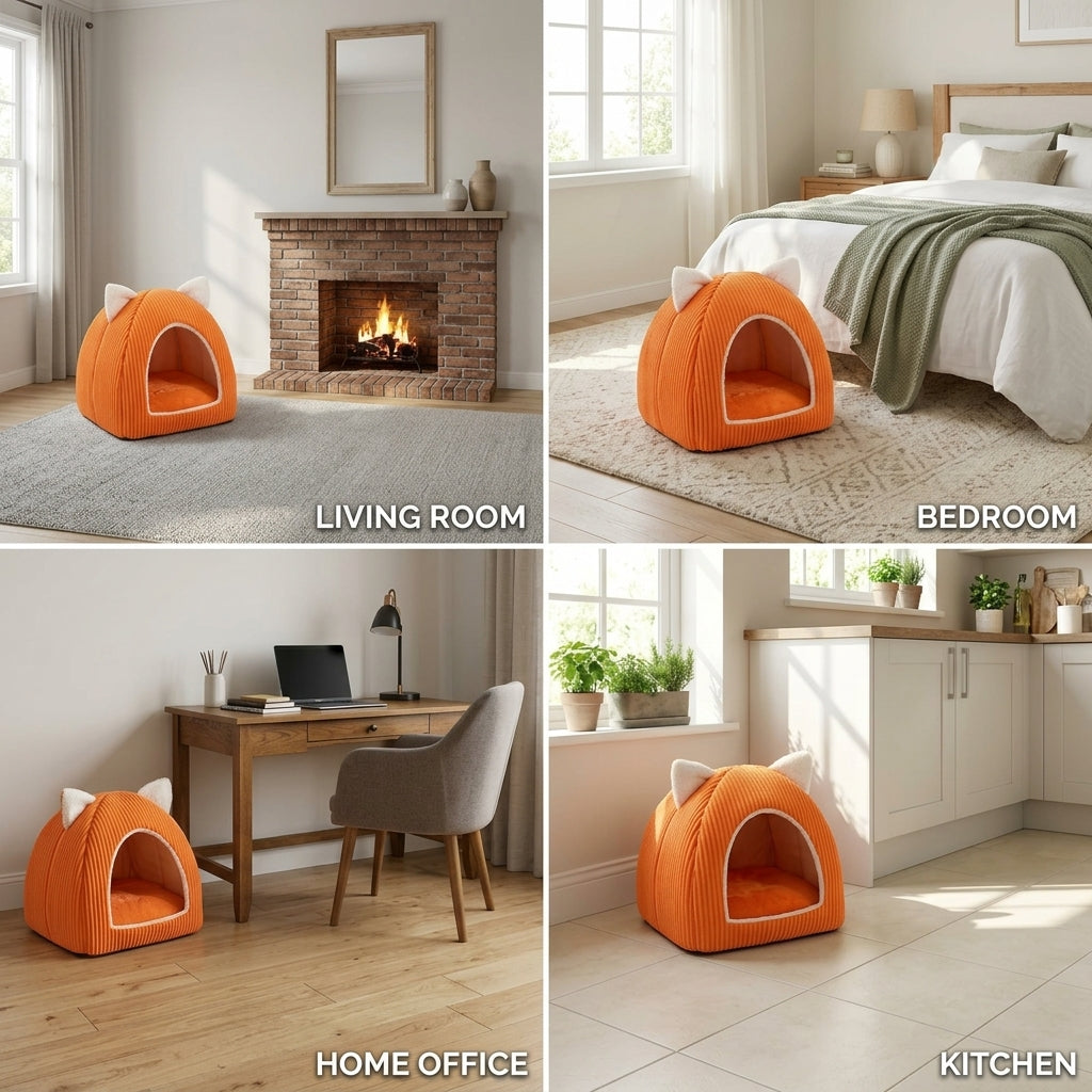 Four room settings showing the cat ear cat bed placed in a living room, bedroom, home office, and kitchen