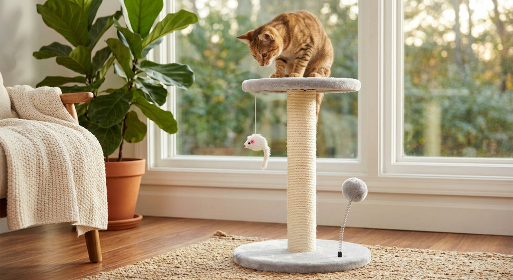 Cat tree tower with cat playing on top platform in a cozy sunlit living room
