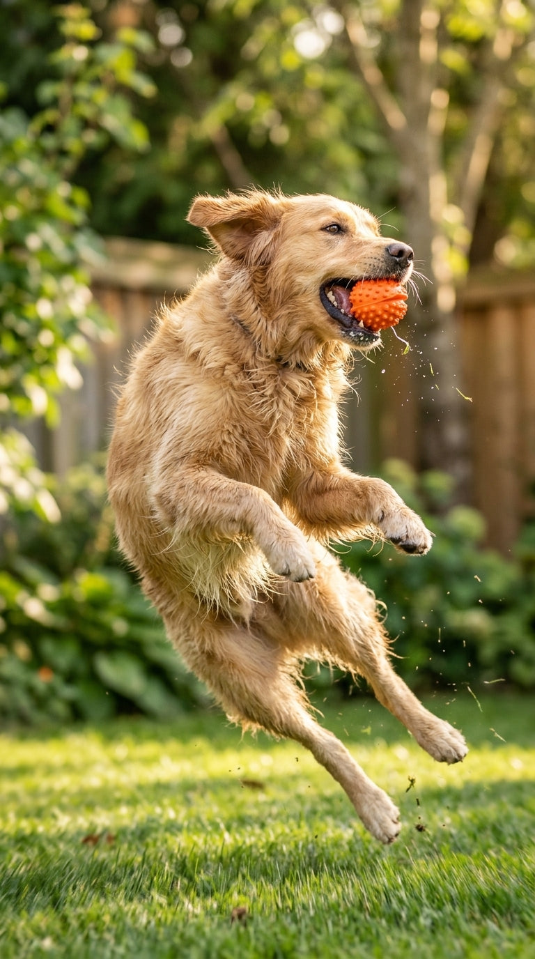 Golden retriever leaping mid-air to catch an orange rubber ball in a backyard