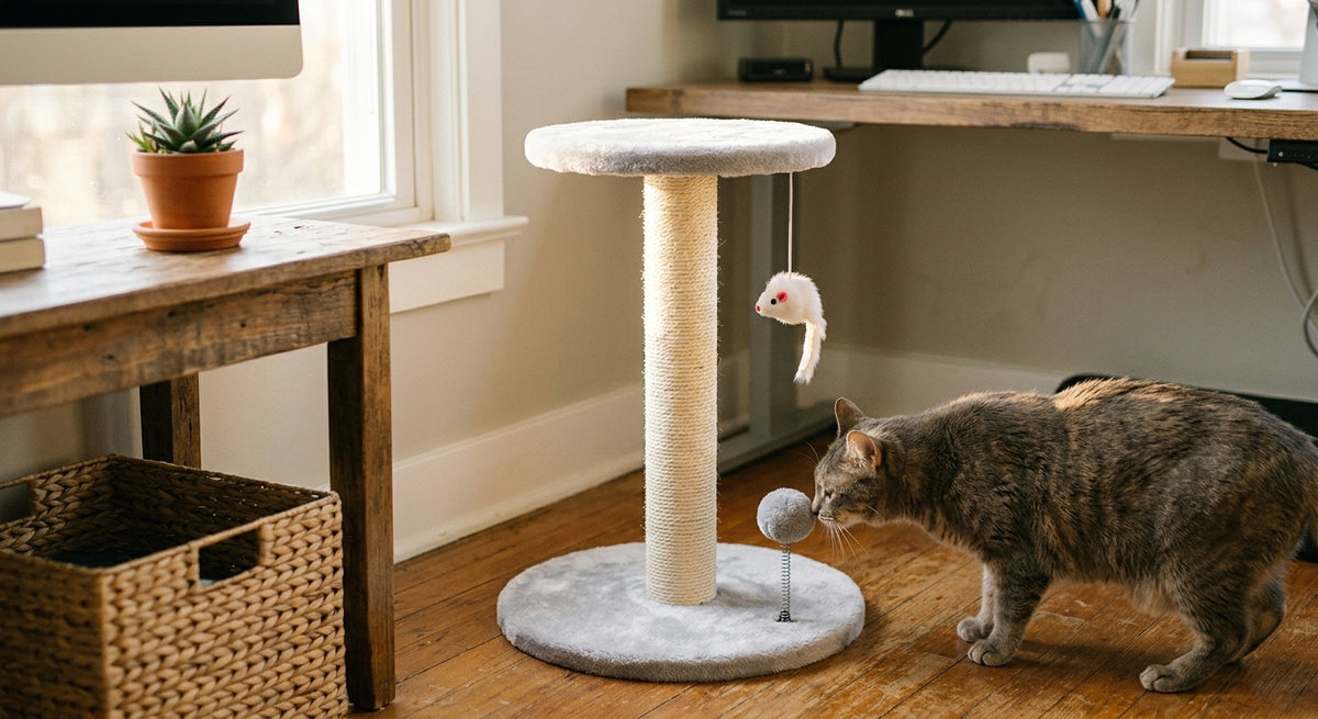 Cat tree tower in a home office setting