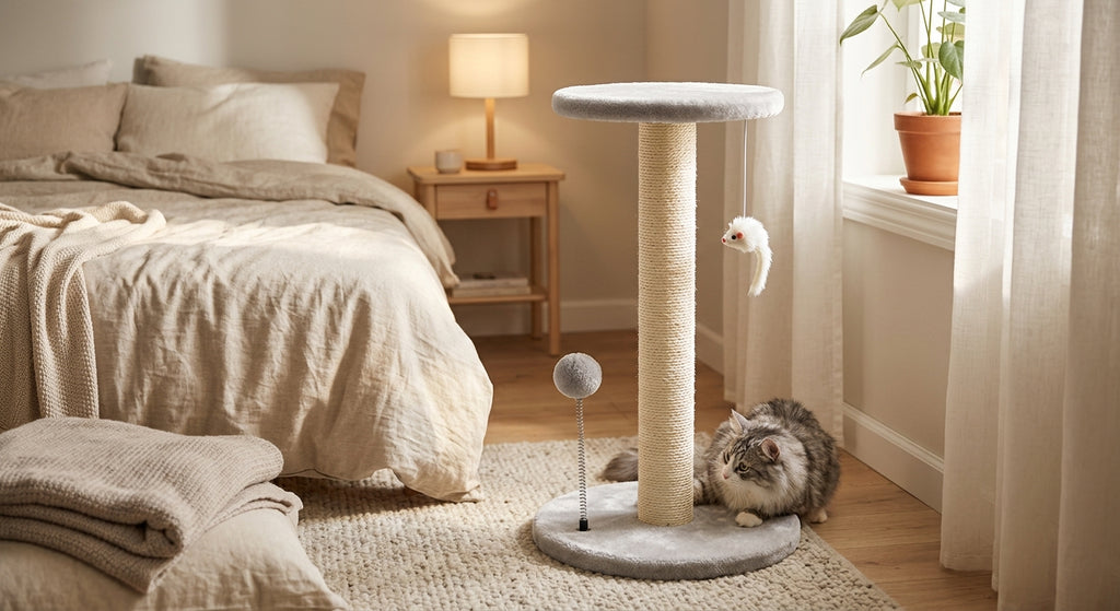 Cat tree tower in a bedroom setting