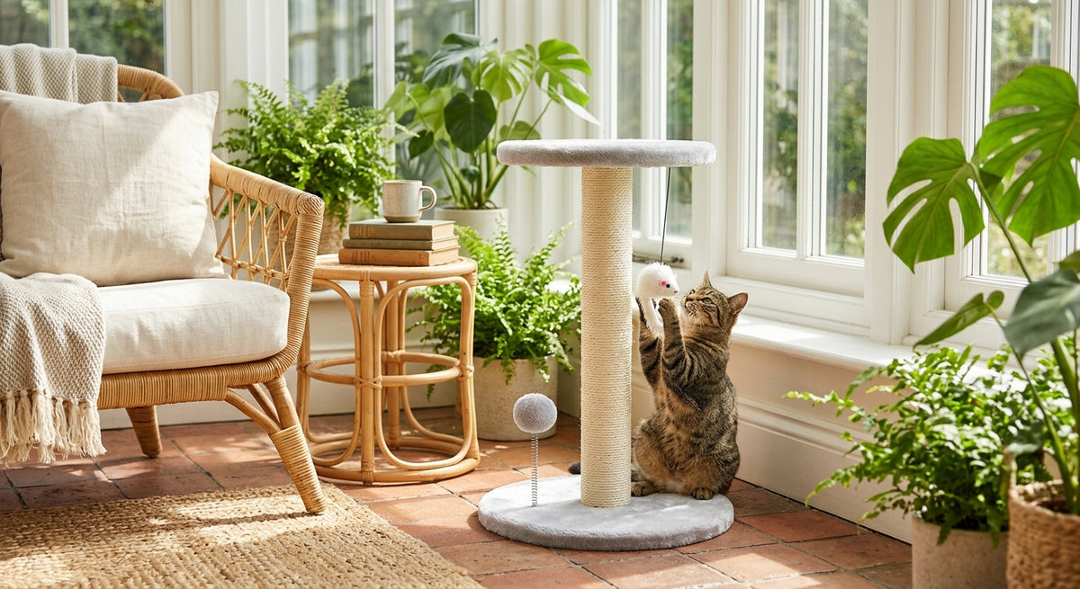 Cat tree tower in a sunroom reading nook