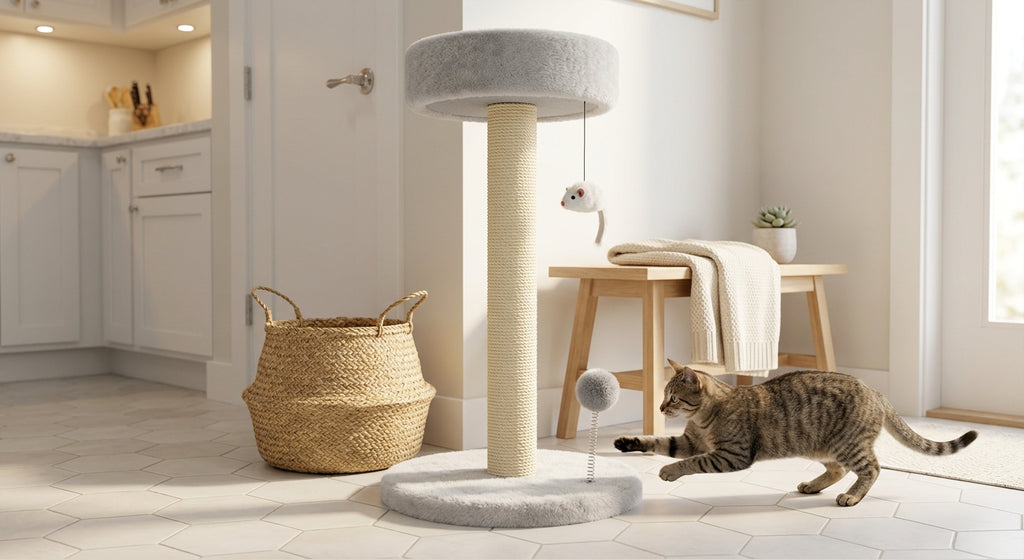 Cat tree tower in a kitchen entryway setting