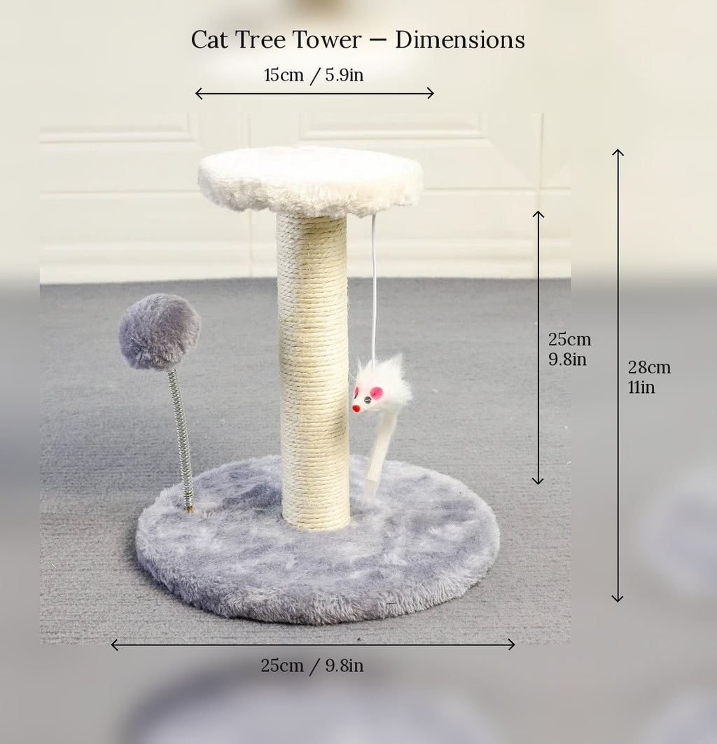 Cat tree tower dimensions: 28cm overall height, 25cm base diameter, 15cm top platform diameter