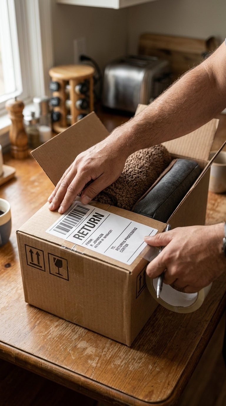Hands sealing a cardboard return box for an easy 30-day return